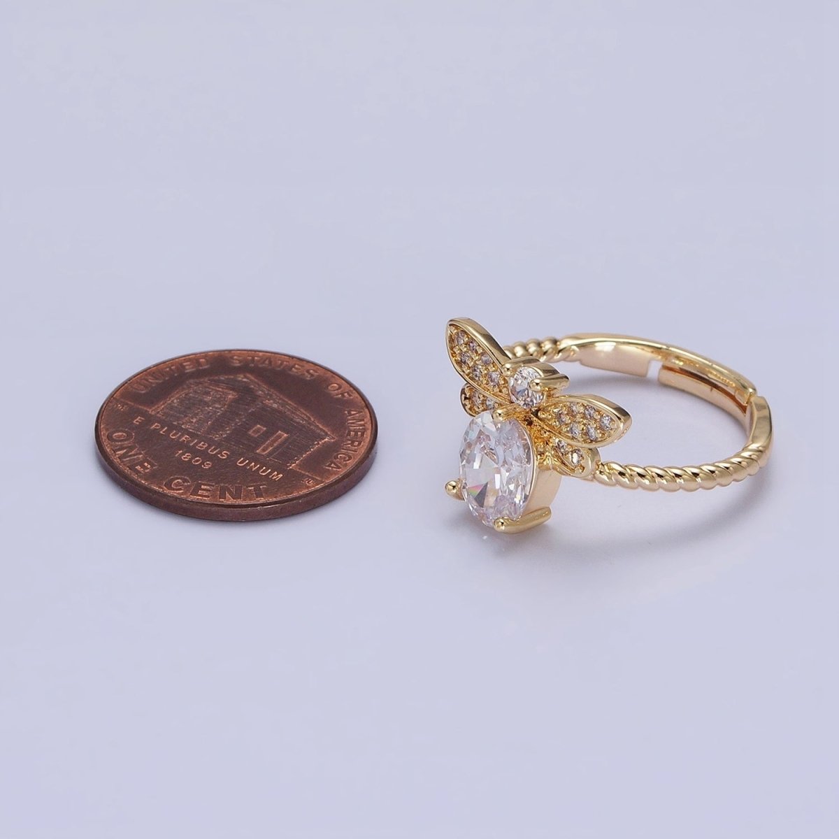 Silver, Gold Micro Paved Bettle Insect Clear Oval CZ Twisted Adjustable Ring | O-1505 O-1506 - DLUXCA