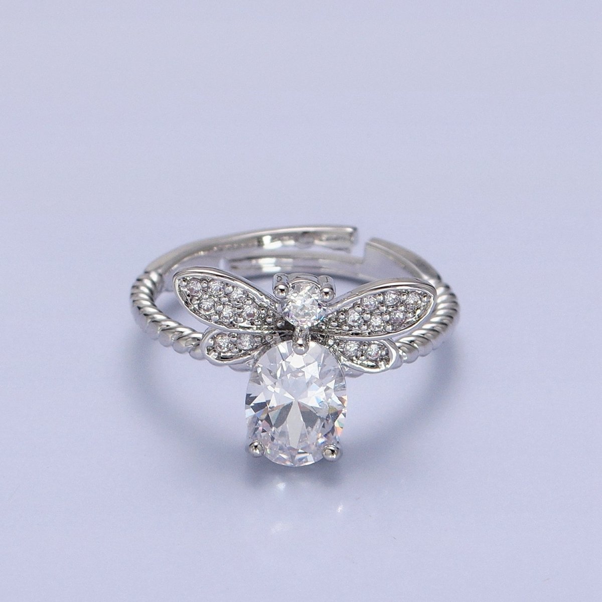 Silver, Gold Micro Paved Bettle Insect Clear Oval CZ Twisted Adjustable Ring | O-1505 O-1506 - DLUXCA