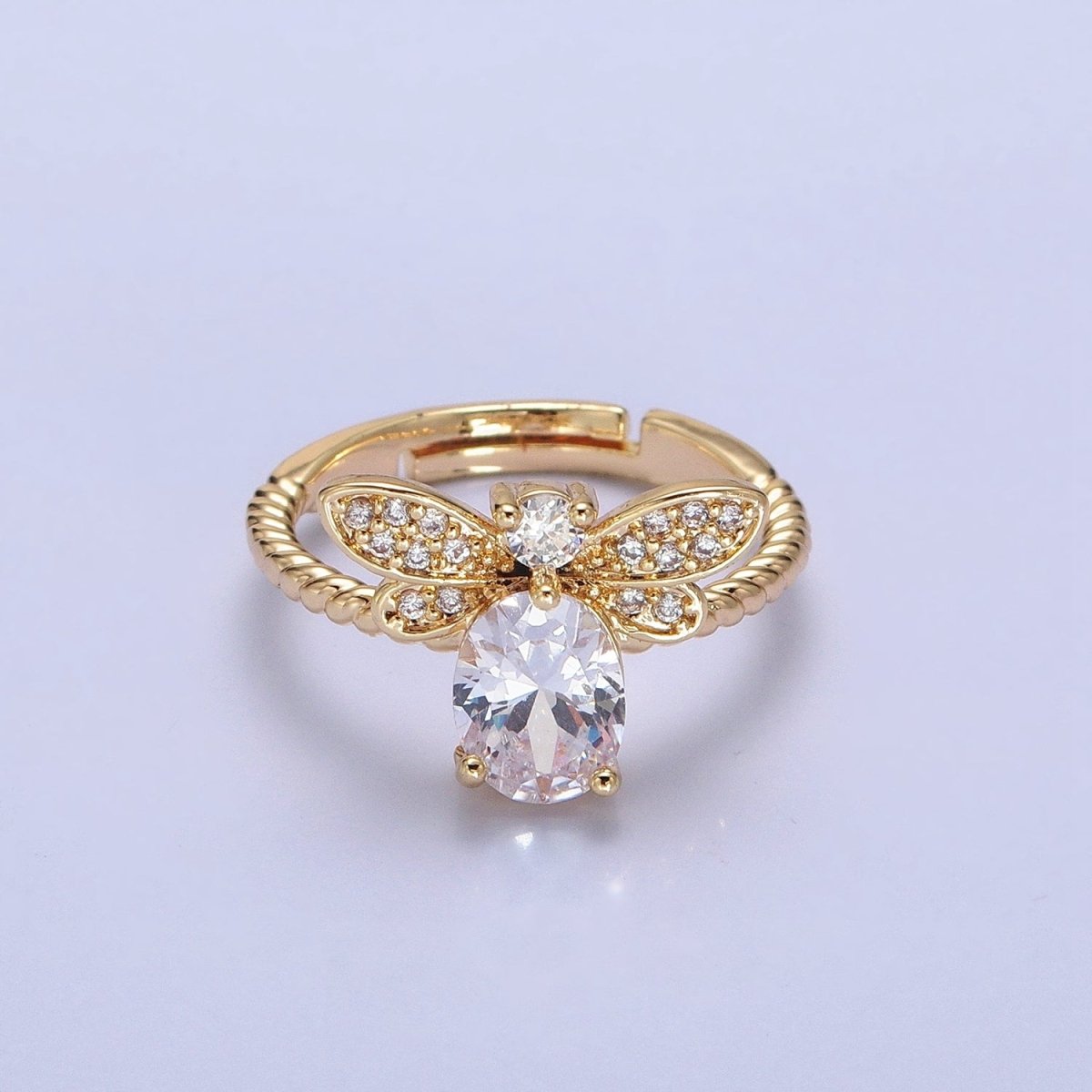 Silver, Gold Micro Paved Bettle Insect Clear Oval CZ Twisted Adjustable Ring | O-1505 O-1506 - DLUXCA