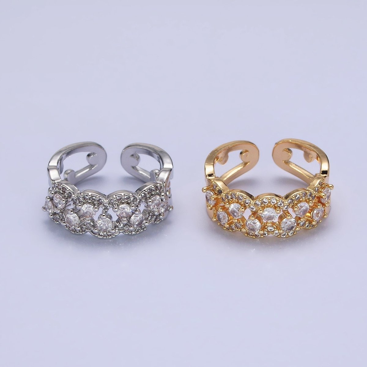 Silver, Gold Micro Paved Clear CZ Rounded Bubble Double Band Ring | O-1888 O-1889 - DLUXCA