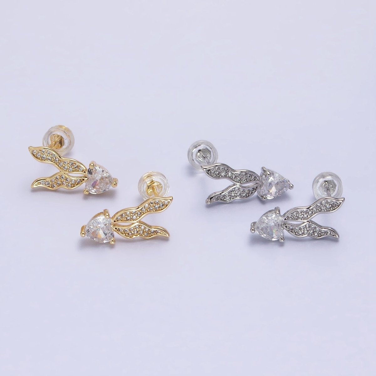 Silver, Gold Micro Paved CZ Butterfly Clear CZ Heart Drop Stud Earrings | AB955 AB974 - DLUXCA
