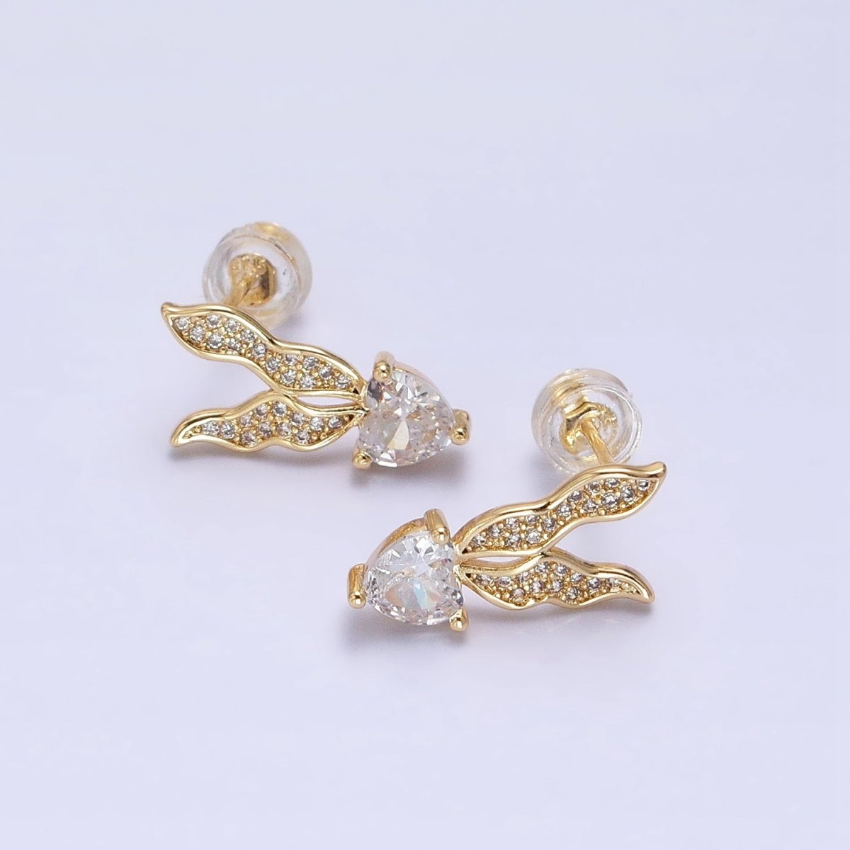 Silver, Gold Micro Paved CZ Butterfly Clear CZ Heart Drop Stud Earrings | AB955 AB974 - DLUXCA