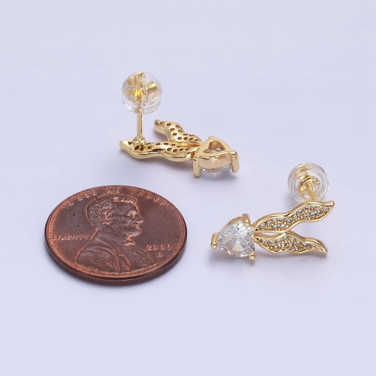 Silver, Gold Micro Paved CZ Butterfly Clear CZ Heart Drop Stud Earrings | AB955 AB974 - DLUXCA