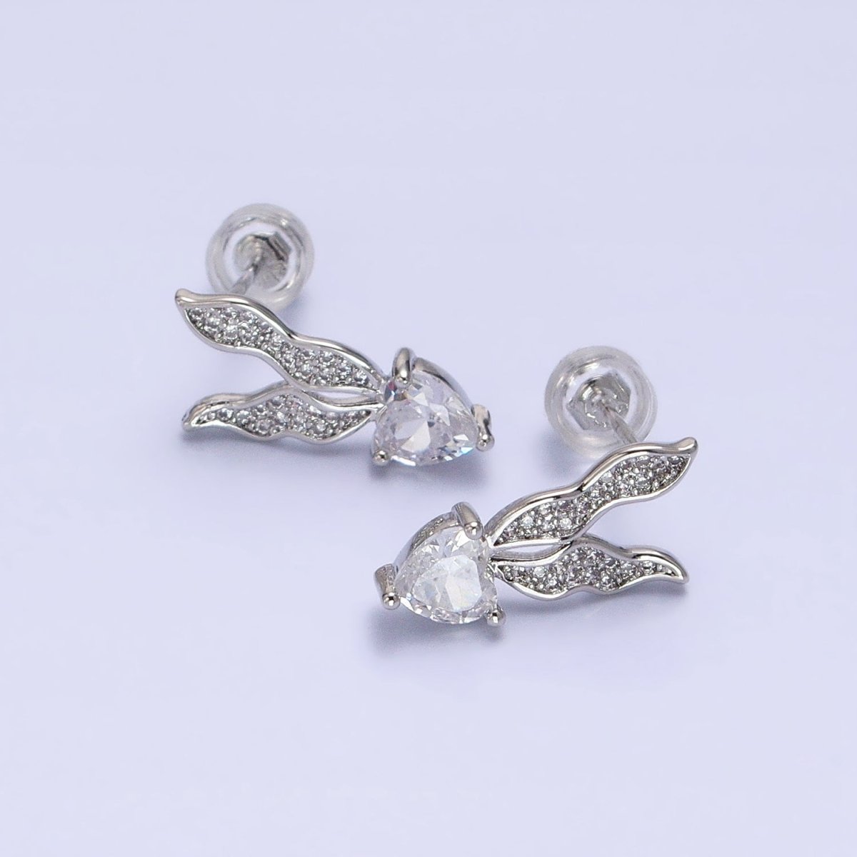 Silver, Gold Micro Paved CZ Butterfly Clear CZ Heart Drop Stud Earrings | AB955 AB974 - DLUXCA