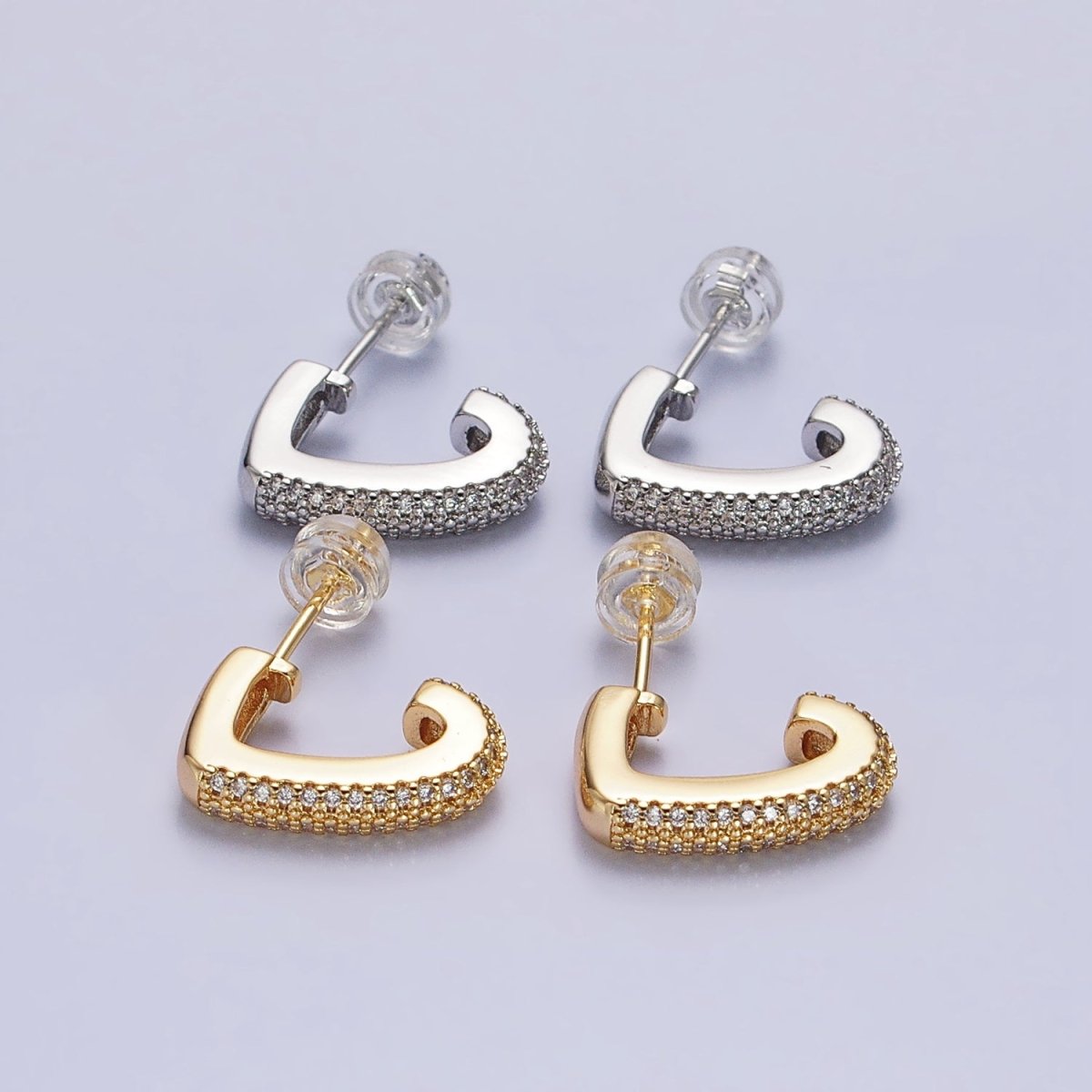 Silver, Gold Micro Paved CZ J-Shaped Geometric Hoop Earrings | AB818 AB824 - DLUXCA