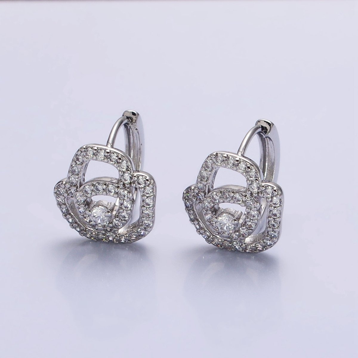 Silver, Gold Micro Paved CZ Rose Flower 13mm Cartilage Huggie Earrings | AB898 AB910 - DLUXCA