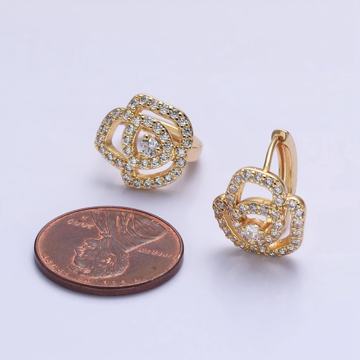 Silver, Gold Micro Paved CZ Rose Flower 13mm Cartilage Huggie Earrings | AB898 AB910 - DLUXCA