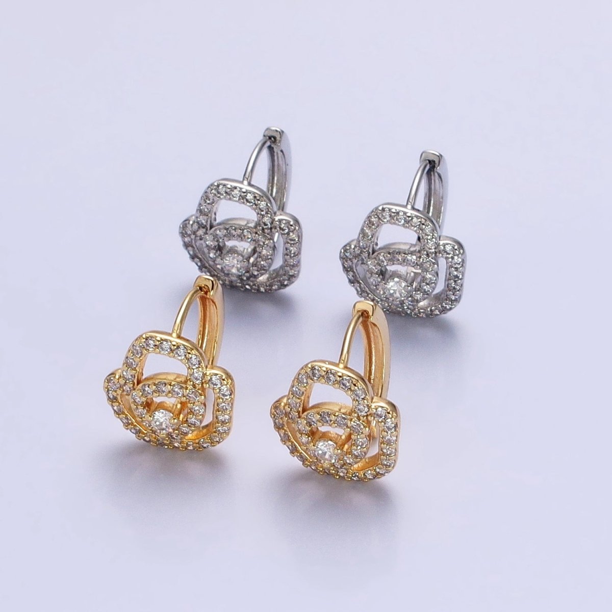 Silver, Gold Micro Paved CZ Rose Flower 13mm Cartilage Huggie Earrings | AB898 AB910 - DLUXCA