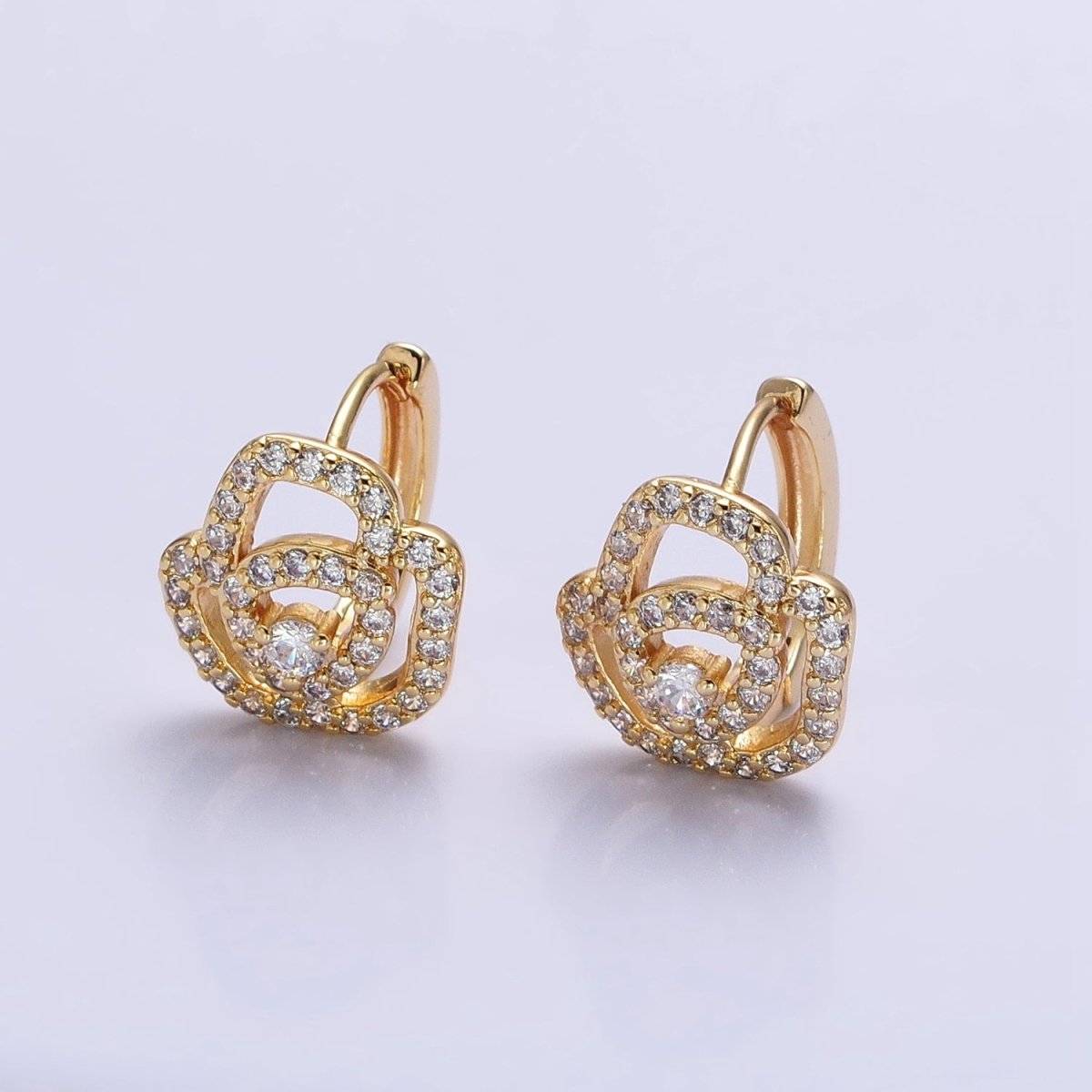 Silver, Gold Micro Paved CZ Rose Flower 13mm Cartilage Huggie Earrings | AB898 AB910 - DLUXCA