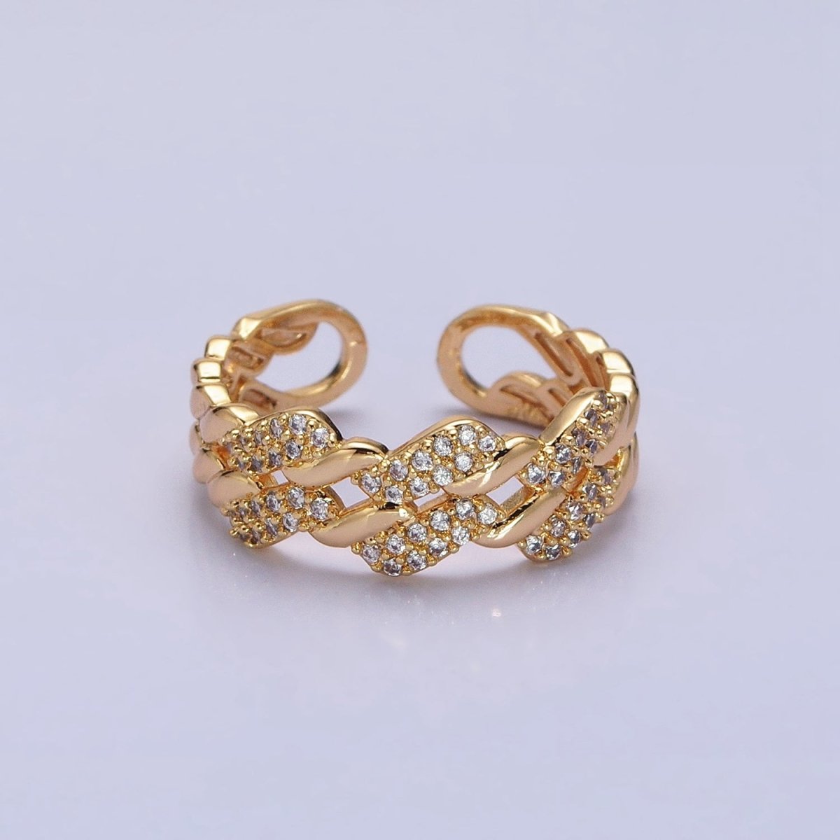 Silver, Gold Micro Paved Flat Curb Micro Paved CZ Chain Link Double Band Ring | O-1501 O-1502 O-1503 O-1504 - DLUXCA