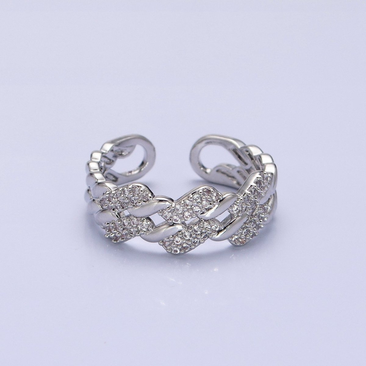 Silver, Gold Micro Paved Flat Curb Micro Paved CZ Chain Link Double Band Ring | O-1501 O-1502 O-1503 O-1504 - DLUXCA