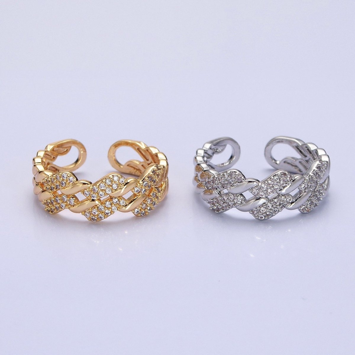 Silver, Gold Micro Paved Flat Curb Micro Paved CZ Chain Link Double Band Ring | O-1501 O-1502 O-1503 O-1504 - DLUXCA