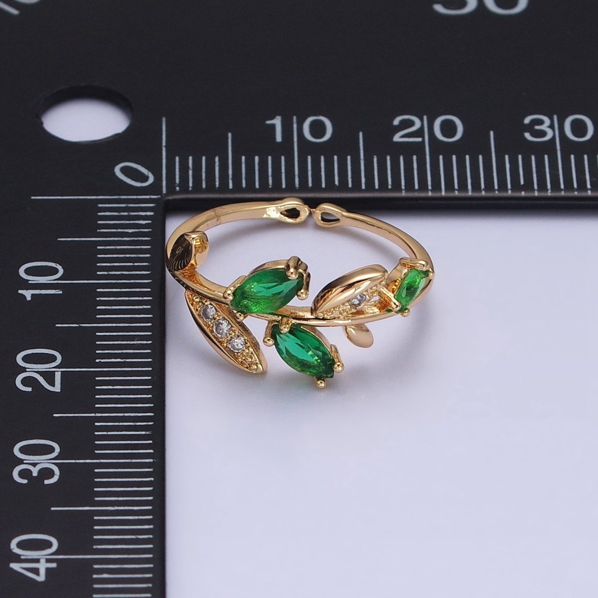 Silver, Gold Nature Leaf Green Marquise Micro Paved CZ Adjustable Ring | O-1894 O-1895 - DLUXCA