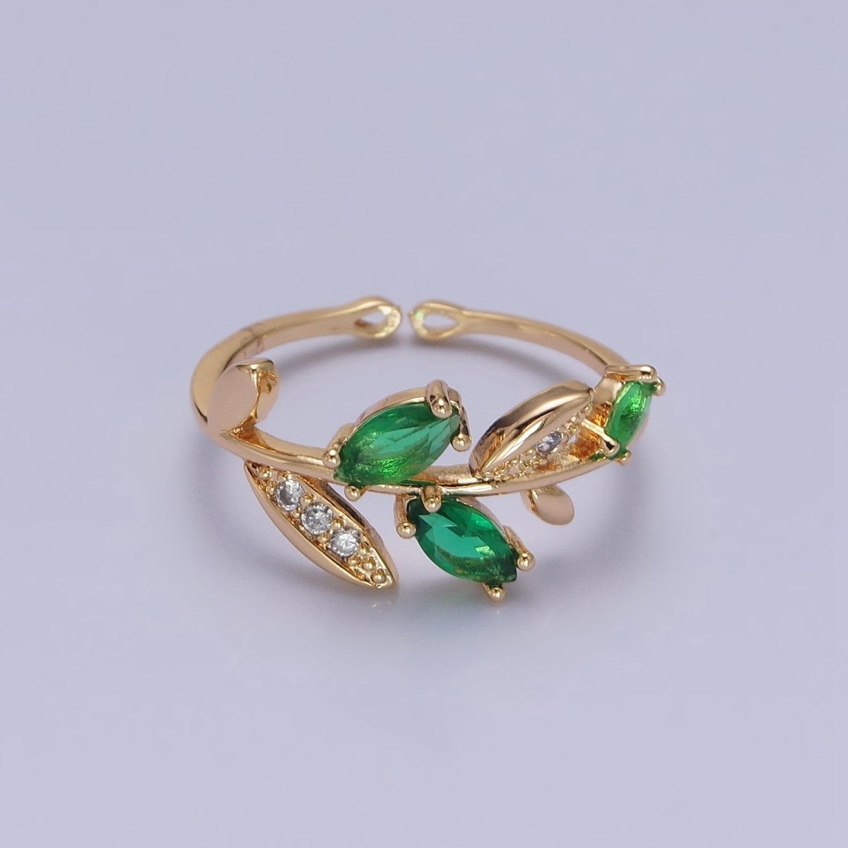 Silver, Gold Nature Leaf Green Marquise Micro Paved CZ Adjustable Ring | O-1894 O-1895 - DLUXCA