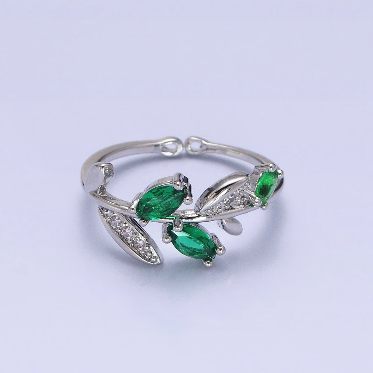 Silver, Gold Nature Leaf Green Marquise Micro Paved CZ Adjustable Ring | O-1894 O-1895 - DLUXCA