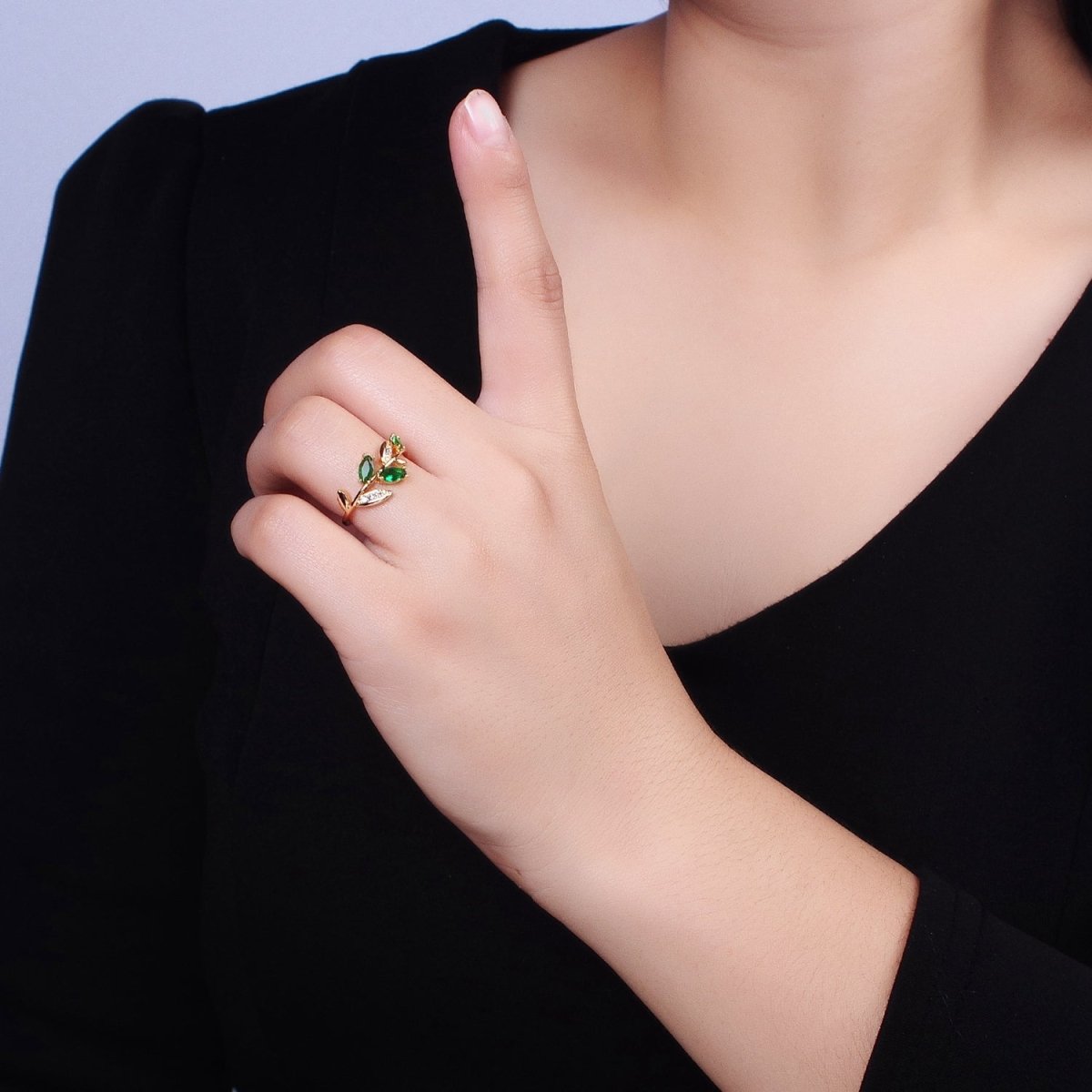 Silver, Gold Nature Leaf Green Marquise Micro Paved CZ Adjustable Ring | O-1894 O-1895 - DLUXCA