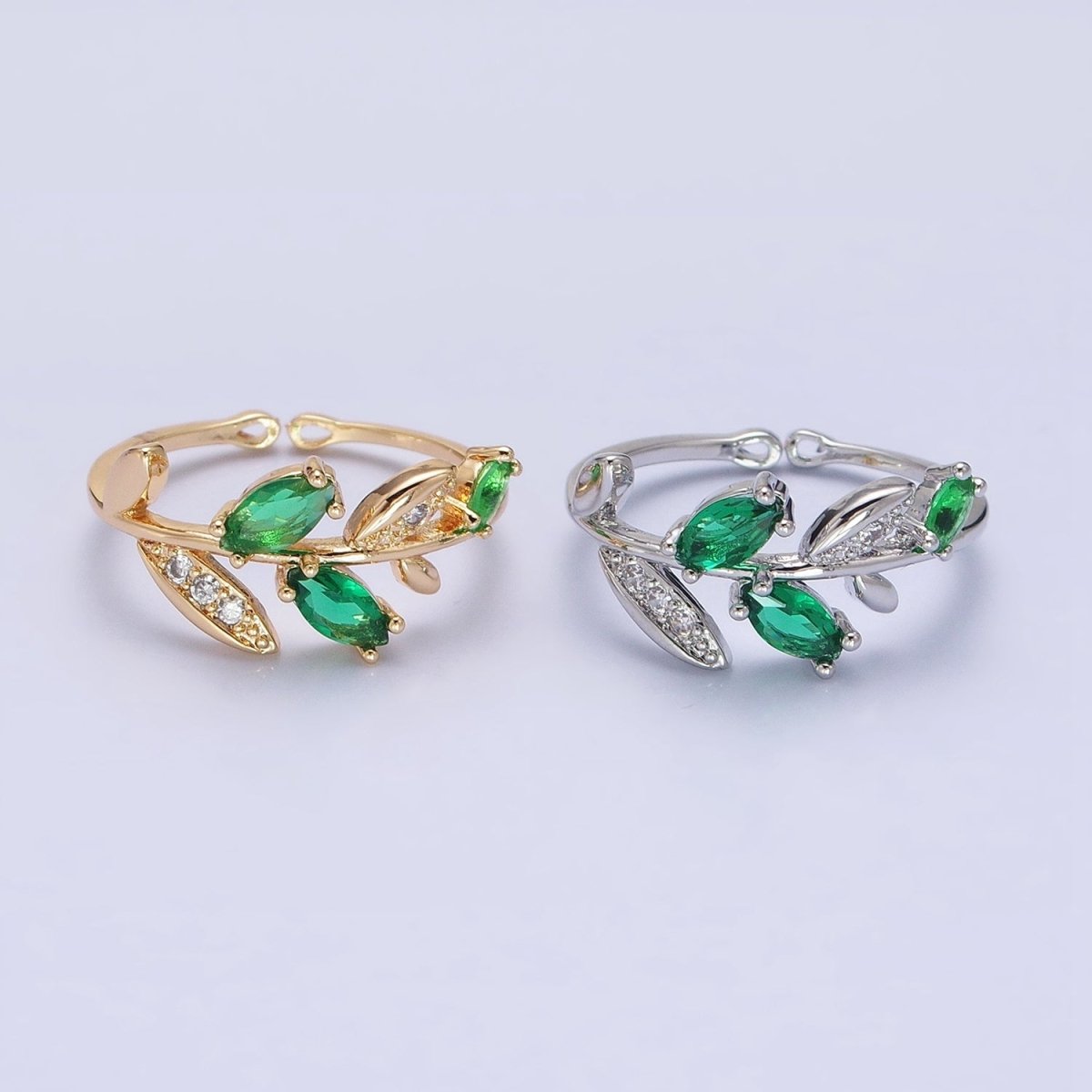 Silver, Gold Nature Leaf Green Marquise Micro Paved CZ Adjustable Ring | O-1894 O-1895 - DLUXCA