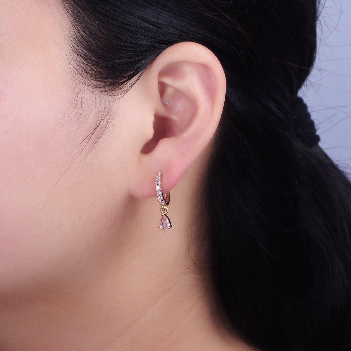 Silver, Gold Pink Teardrop Micro Paved CZ Drop Dangle Huggie Earrings | AB1099 AD786 - DLUXCA