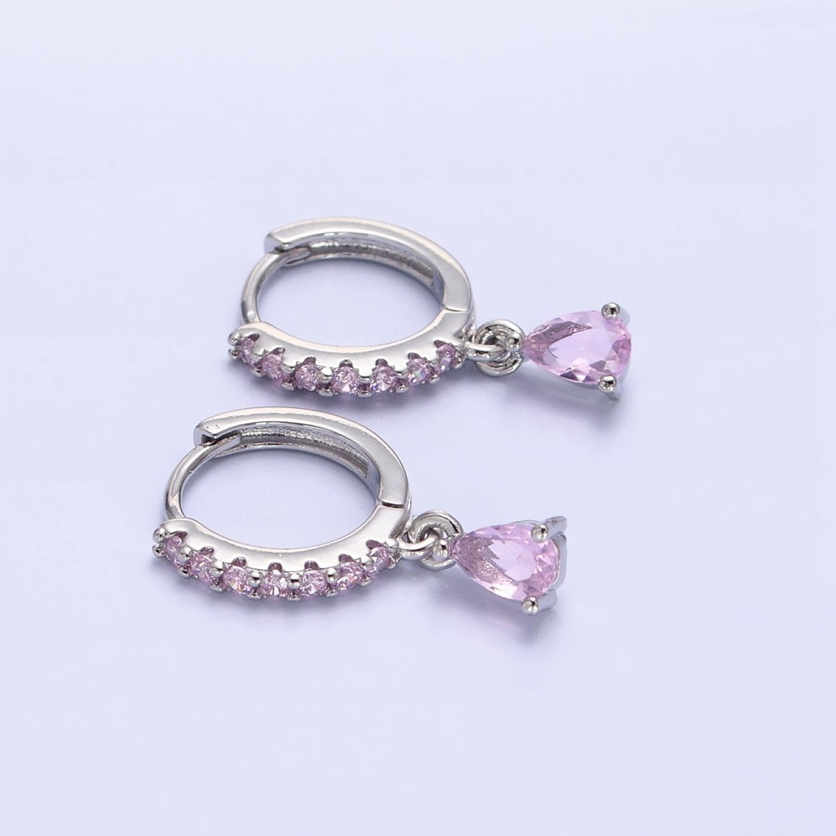 Silver, Gold Pink Teardrop Micro Paved CZ Drop Dangle Huggie Earrings | AB1099 AD786 - DLUXCA