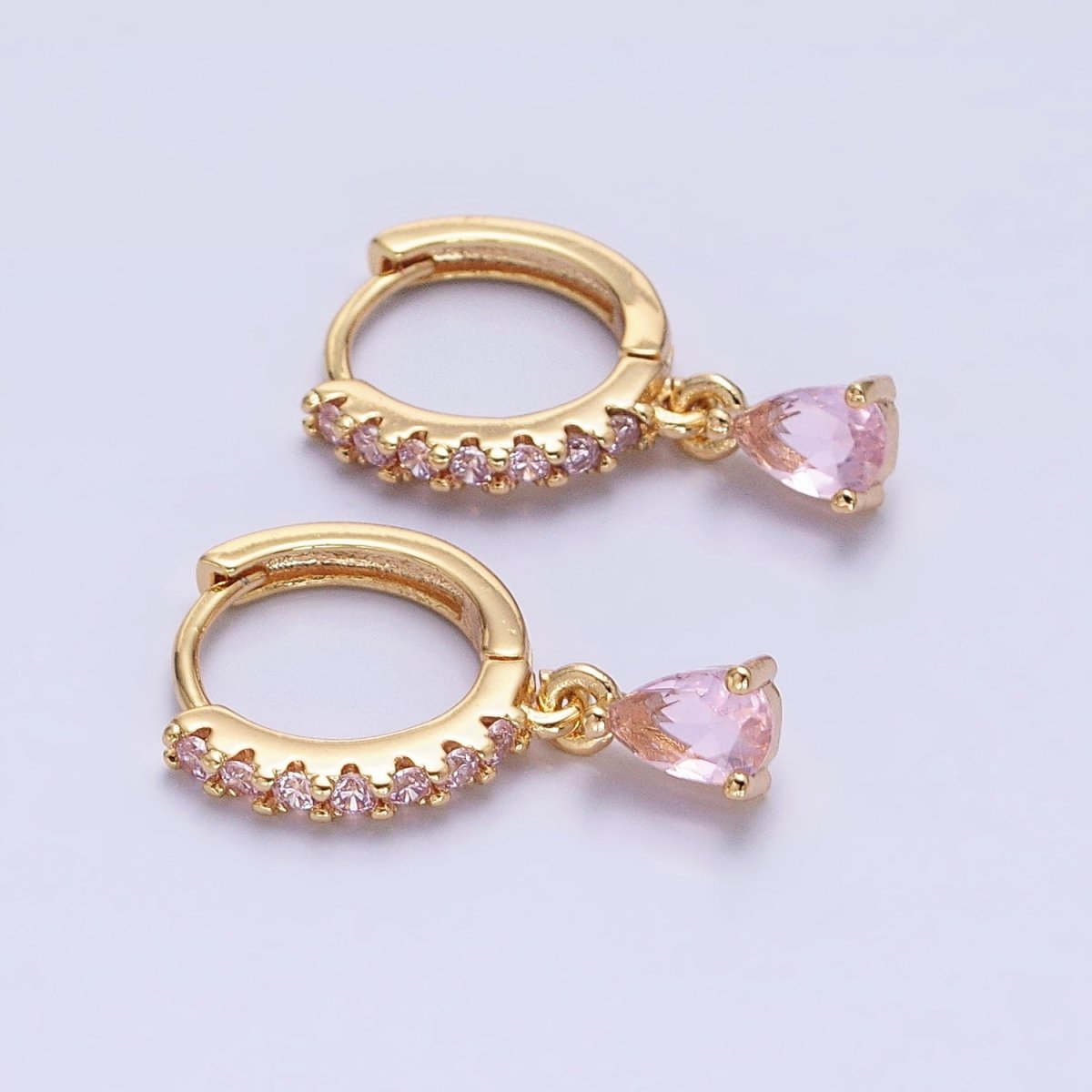 Silver, Gold Pink Teardrop Micro Paved CZ Drop Dangle Huggie Earrings | AB1099 AD786 - DLUXCA