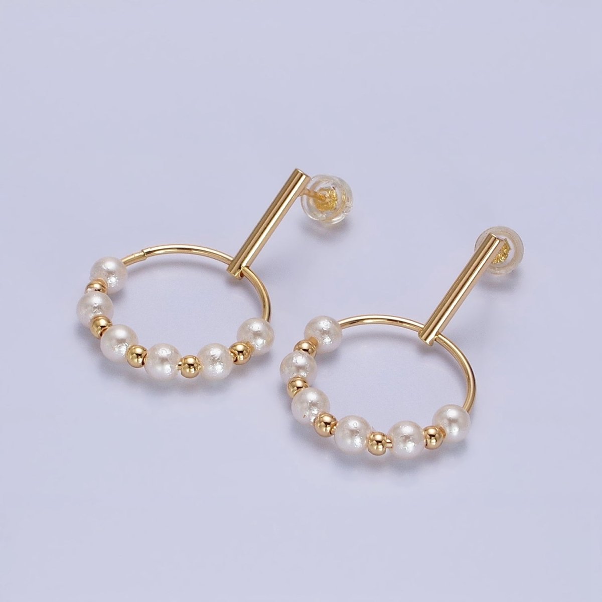 Silver, Gold Round White Pearl Bead Circular Drop Linear Stud Earrings | AB1098 AD784 - DLUXCA