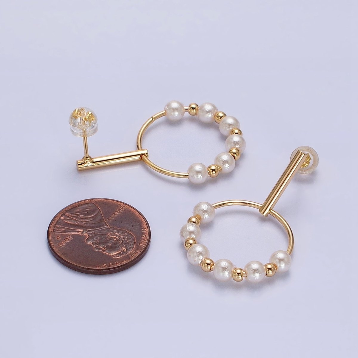 Silver, Gold Round White Pearl Bead Circular Drop Linear Stud Earrings | AB1098 AD784 - DLUXCA