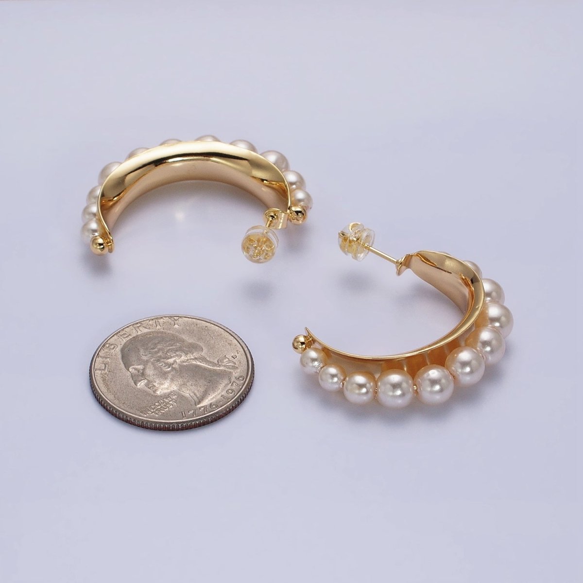 Silver, Gold Round White Pearl Lined C-Shaped Hoop Earrings | AD782 AD793 - DLUXCA