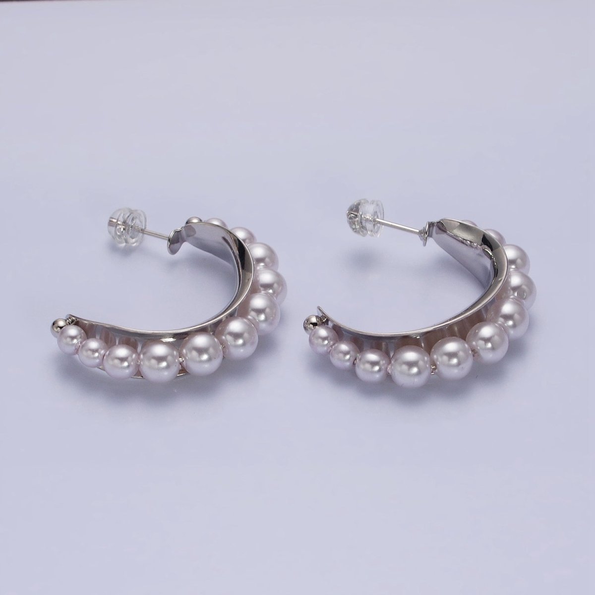 Silver, Gold Round White Pearl Lined C-Shaped Hoop Earrings | AD782 AD793 - DLUXCA