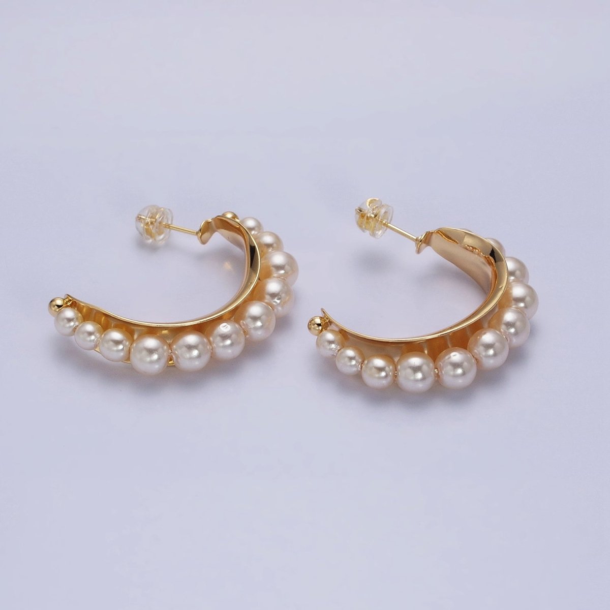 Silver, Gold Round White Pearl Lined C-Shaped Hoop Earrings | AD782 AD793 - DLUXCA