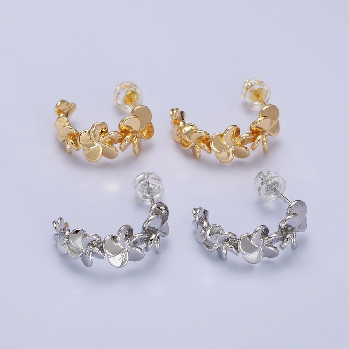 Silver, Gold Spiral Nature Flower Petal C-Shaped Hoop Earrings | AB447 AB455 - DLUXCA