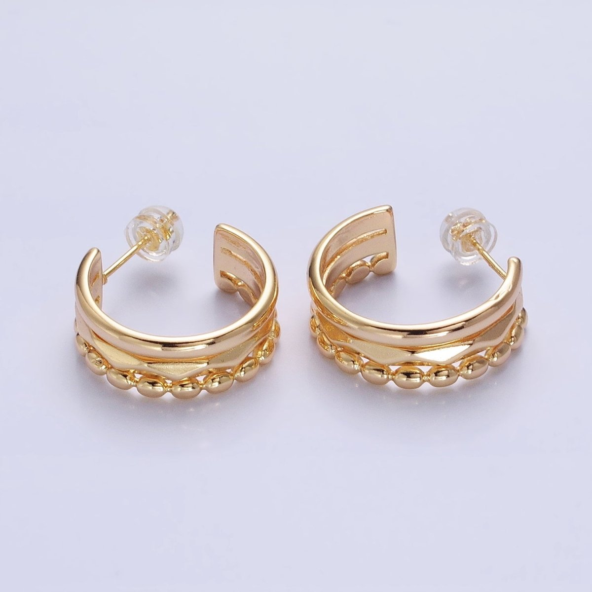 Silver, Gold Triple Band Dented Beaded C-Shaped Wide C-Shaped Hoop Earrings | AB890 AB903 - DLUXCA