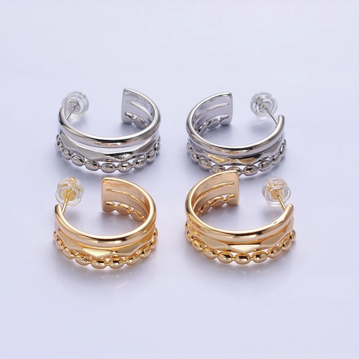 Silver, Gold Triple Band Dented Beaded C-Shaped Wide C-Shaped Hoop Earrings | AB890 AB903 - DLUXCA