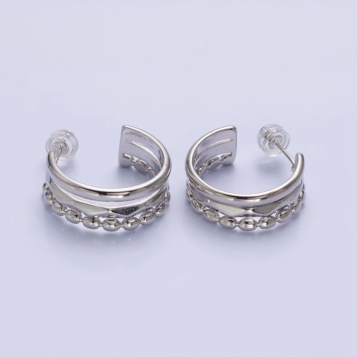 Silver, Gold Triple Band Dented Beaded C-Shaped Wide C-Shaped Hoop Earrings | AB890 AB903 - DLUXCA