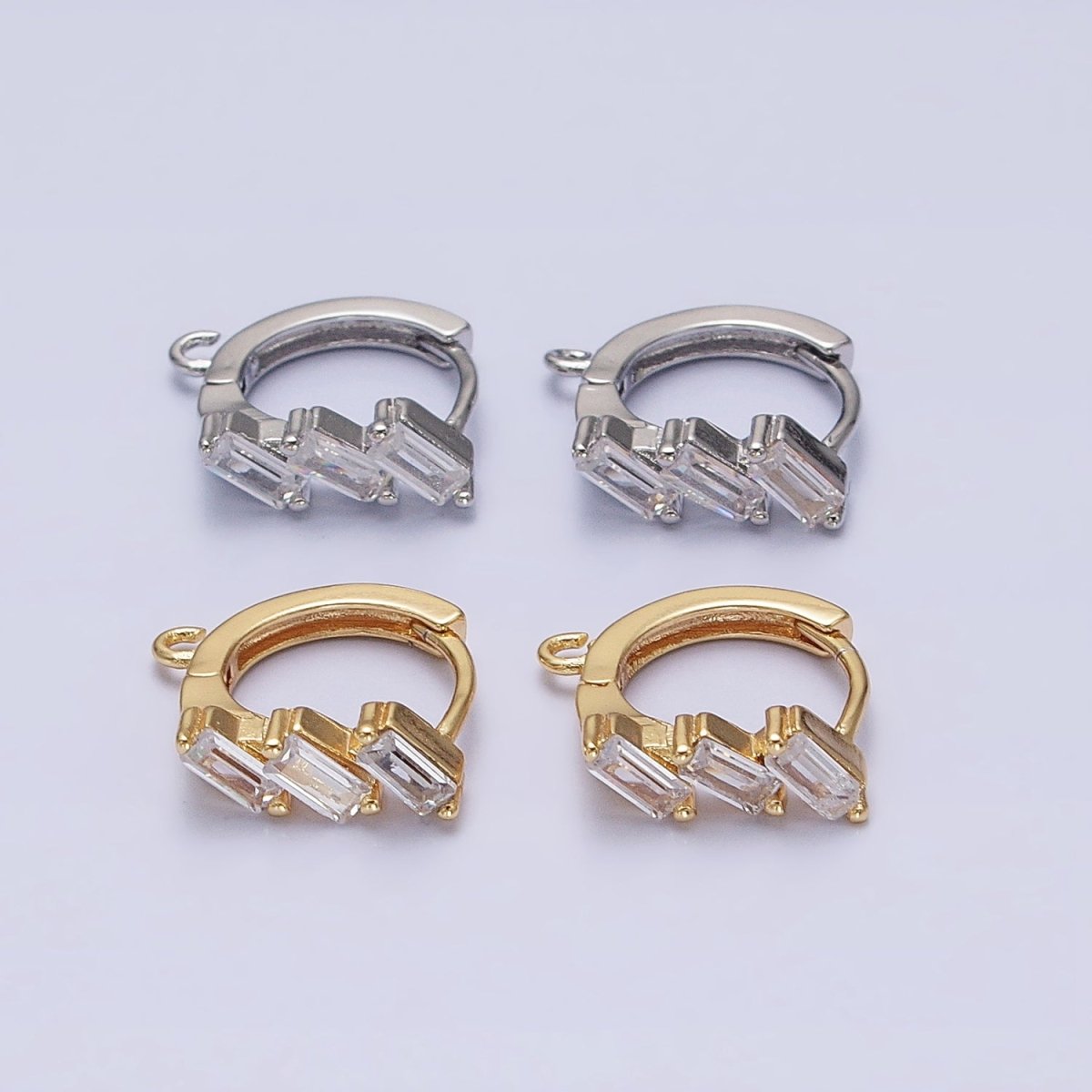 Silver, Gold Triple Clear Baguette CZ 12mm Huggie Open Loop Earrings Supply | Z169 Z298 - DLUXCA