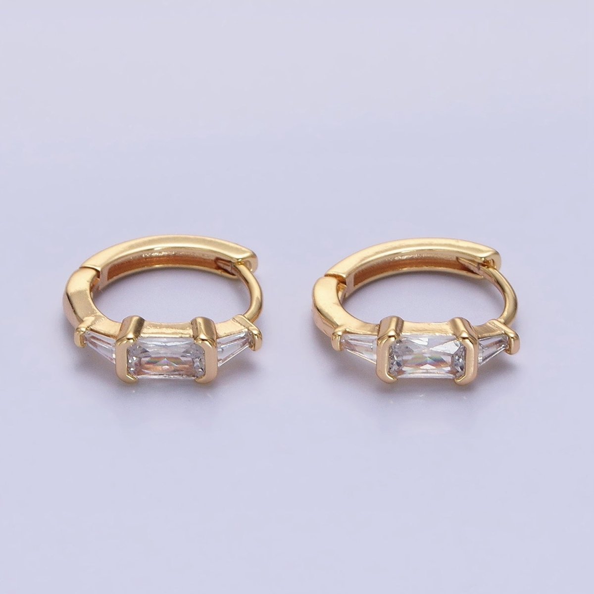 Silver, Gold Triple Clear Baguette CZ 13mm Huggie Earrings | AB1092 AD790 - DLUXCA