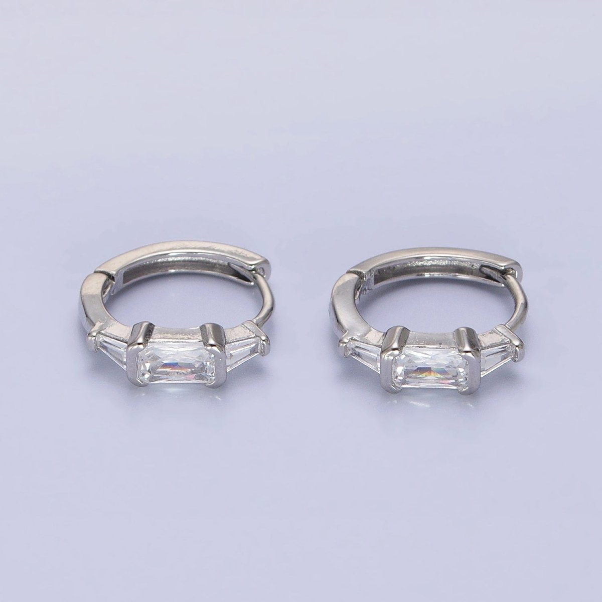 Silver, Gold Triple Clear Baguette CZ 13mm Huggie Earrings | AB1092 AD790 - DLUXCA