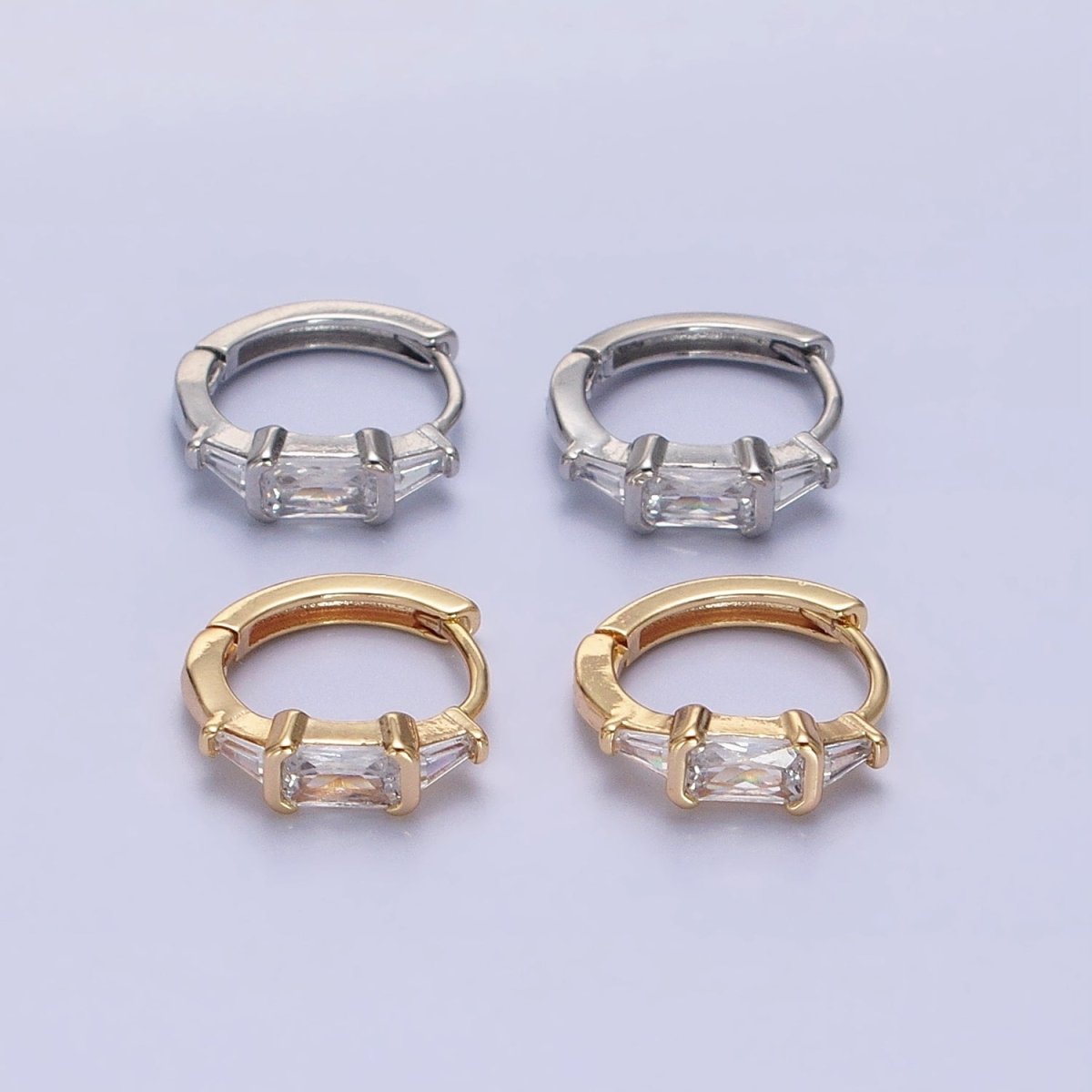 Silver, Gold Triple Clear Baguette CZ 13mm Huggie Earrings | AB1092 AD790 - DLUXCA