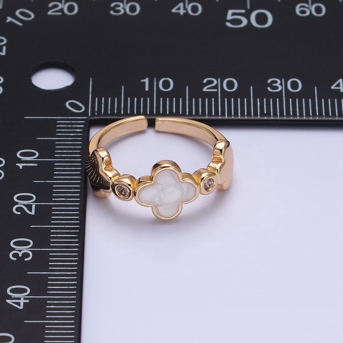 Silver, Gold Triple Clover Quatrefoil Sparkly Enamel White Clear CZ Adjustable Ring | O-1697 O-1698 - DLUXCA