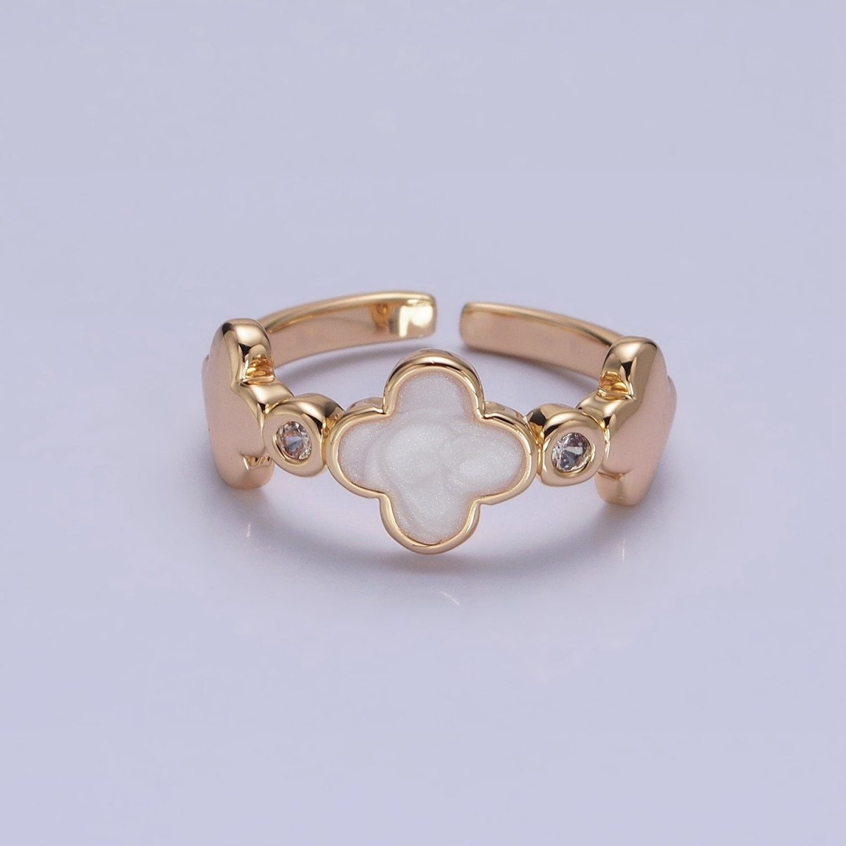 Silver, Gold Triple Clover Quatrefoil Sparkly Enamel White Clear CZ Adjustable Ring | O-1697 O-1698 - DLUXCA