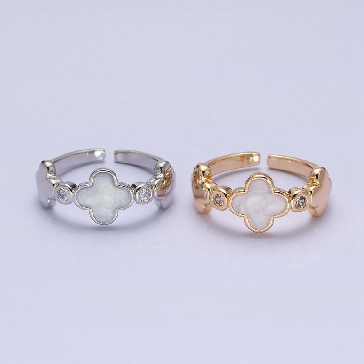 Silver, Gold Triple Clover Quatrefoil Sparkly Enamel White Clear CZ Adjustable Ring | O-1697 O-1698 - DLUXCA