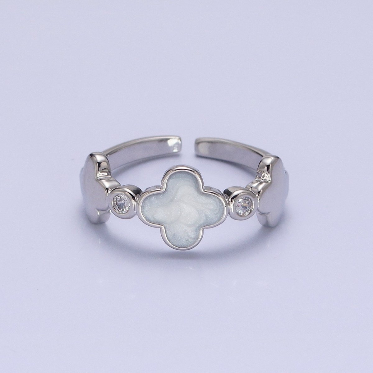 Silver, Gold Triple Clover Quatrefoil Sparkly Enamel White Clear CZ Adjustable Ring | O-1697 O-1698 - DLUXCA