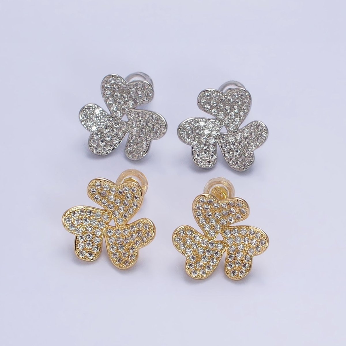 Silver, Gold Triple Micro Paved CZ Heart Flower Love Stud Earrings | AB961 AB972 - DLUXCA