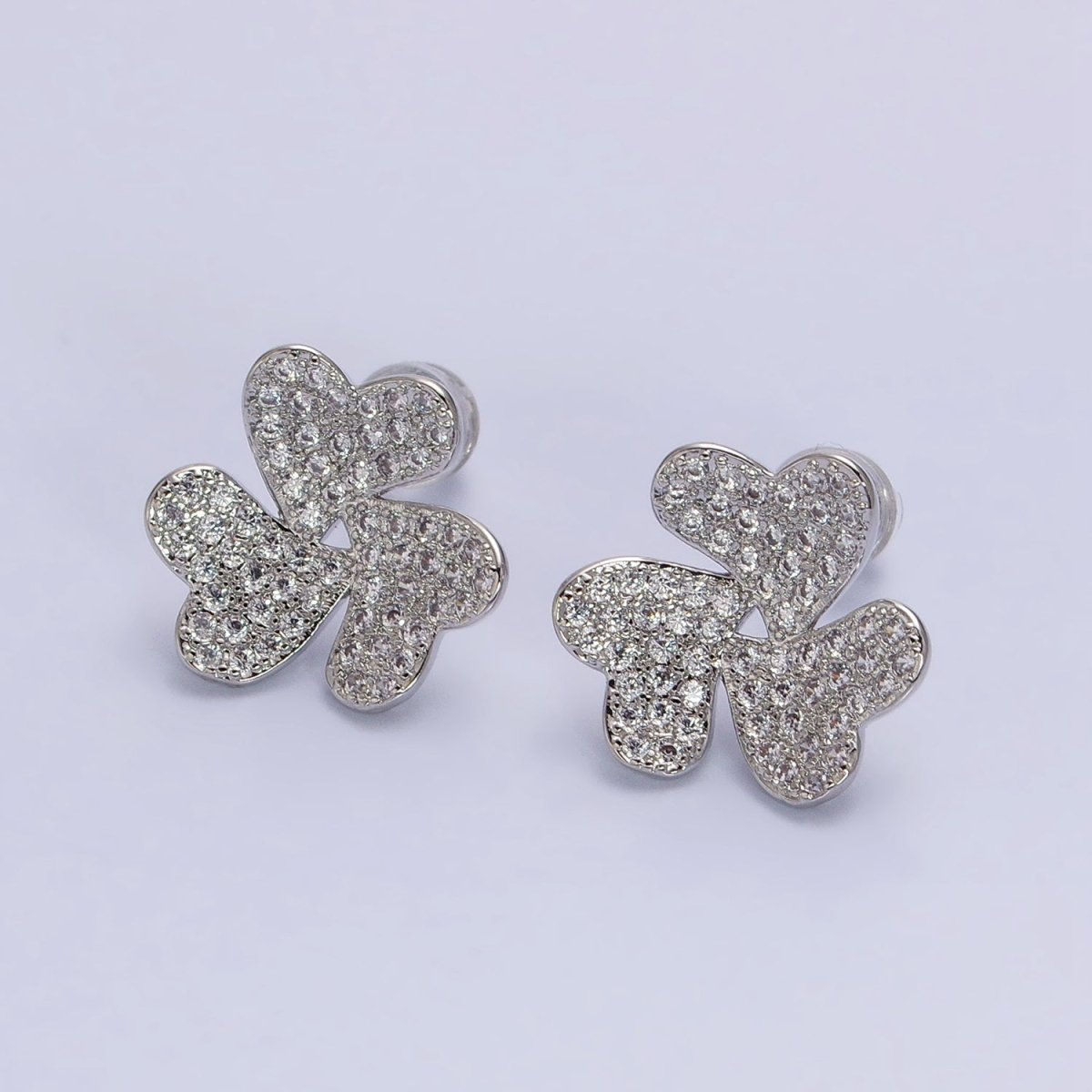 Silver, Gold Triple Micro Paved CZ Heart Flower Love Stud Earrings | AB961 AB972 - DLUXCA