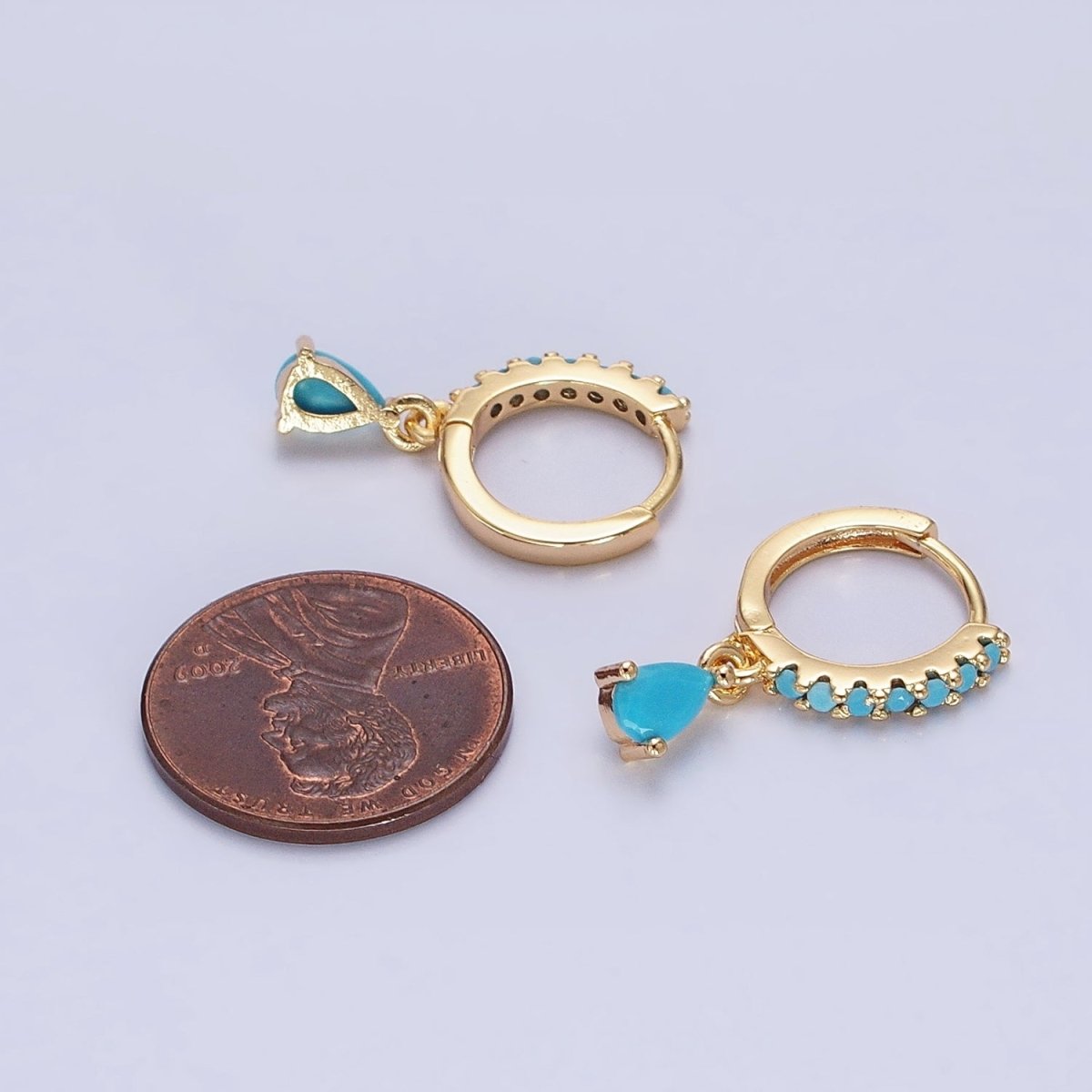 Silver, Gold Turquoise Teardrop Micro Paved CZ Drop Dangle Huggie Earrings | AB1100 AD791 - DLUXCA