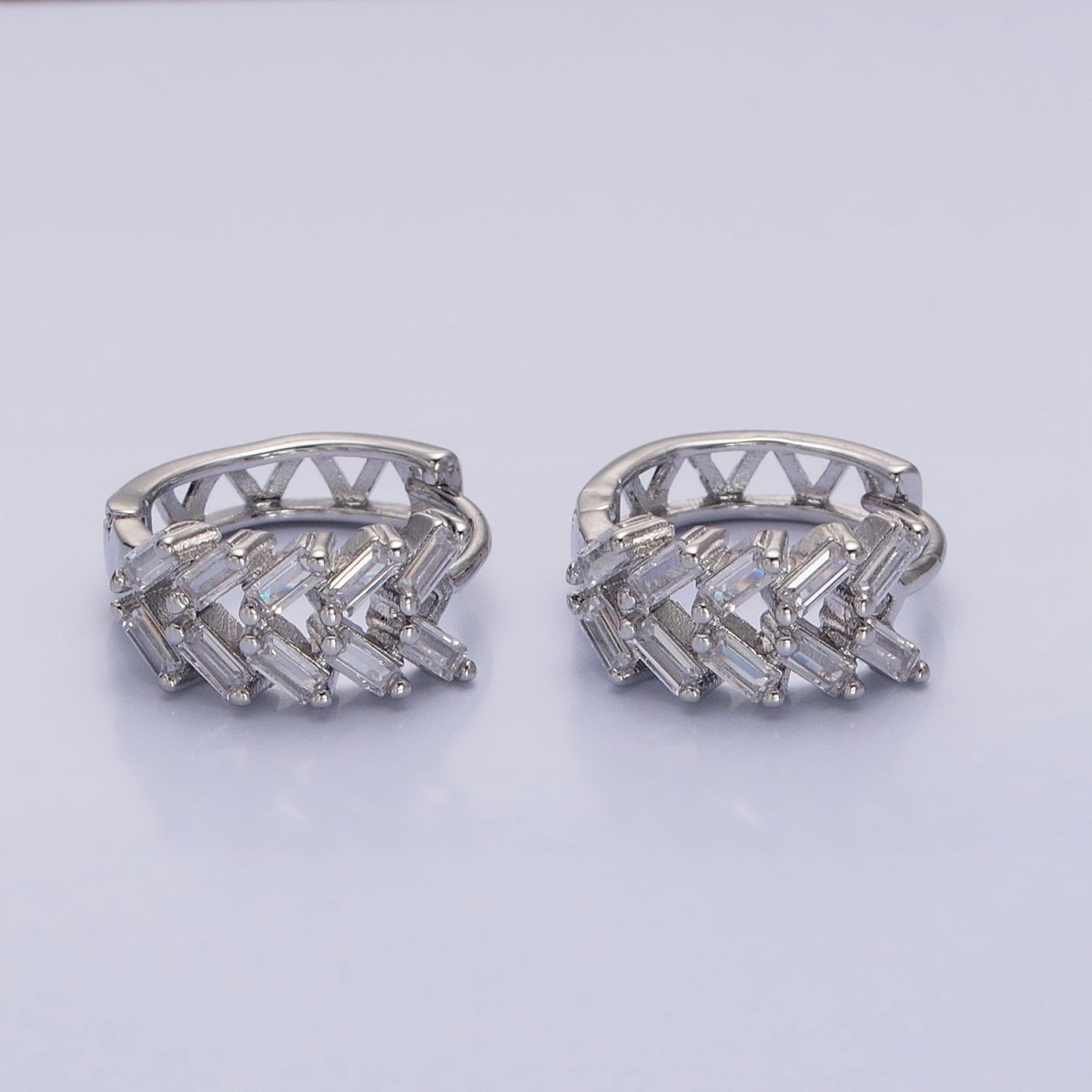 Silver, Gold V Double Clear Baguette Huggie Earrings | AB1093 AB1096 - DLUXCA