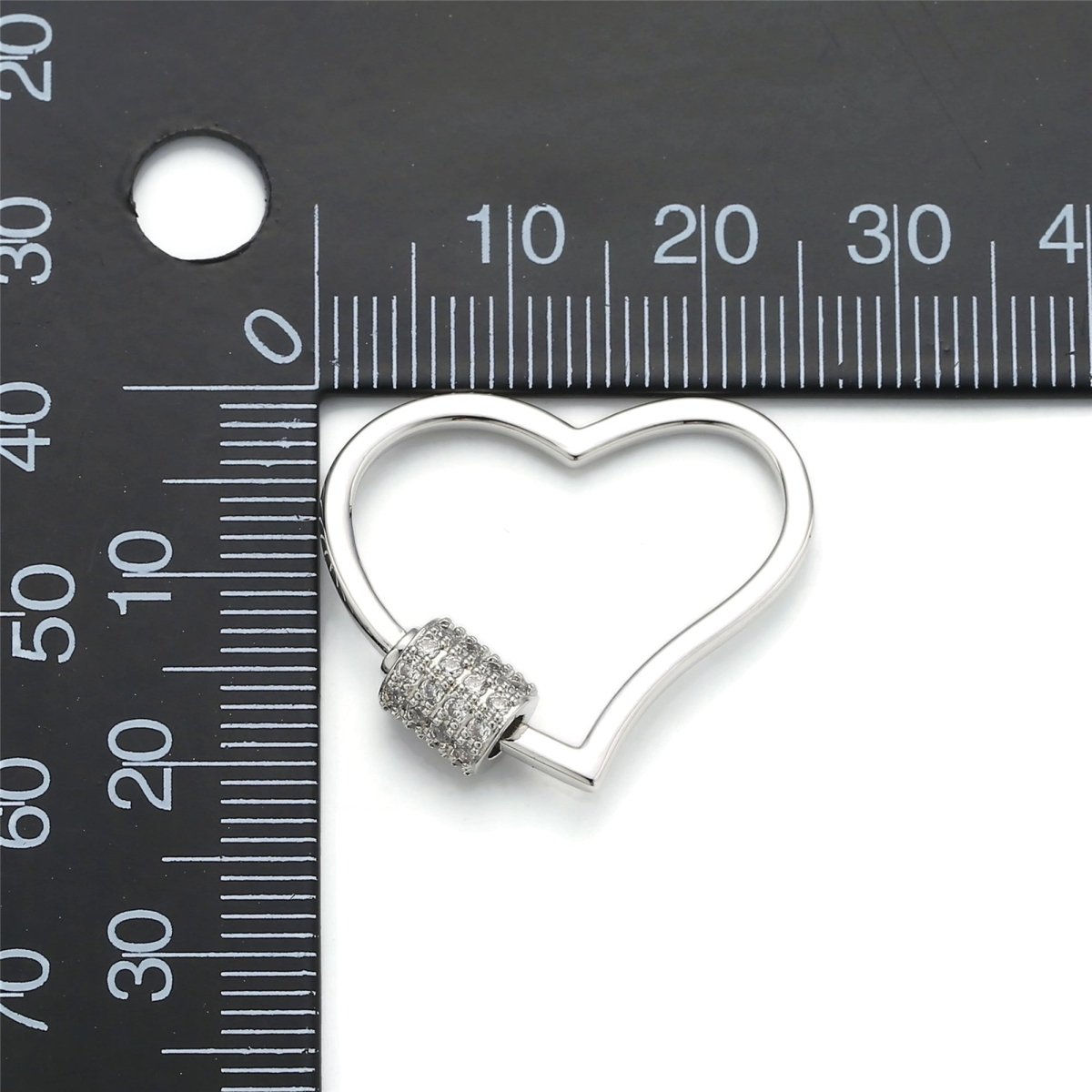 Silver Heart Carabiner, Circle Screw Clasp with Pave Cubic Zirconia Rhinestones K-129 - DLUXCA