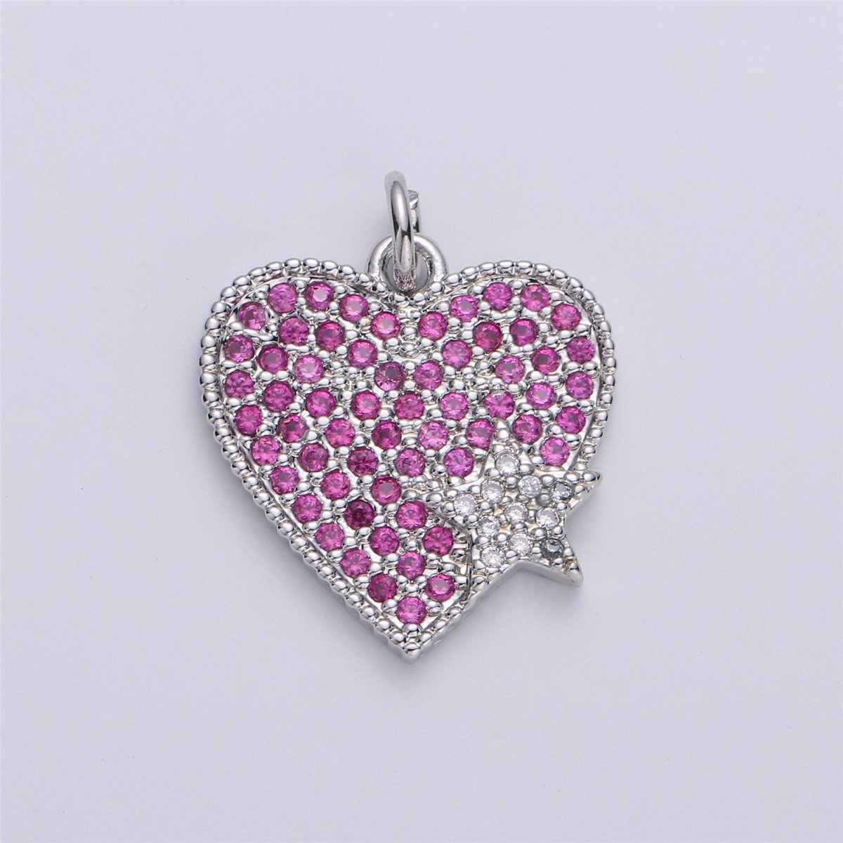 Silver Heart Charm Micro Pave Heart Charm Magenta Heart Charm For Necklace Bracelet Earring Component D-010 - DLUXCA