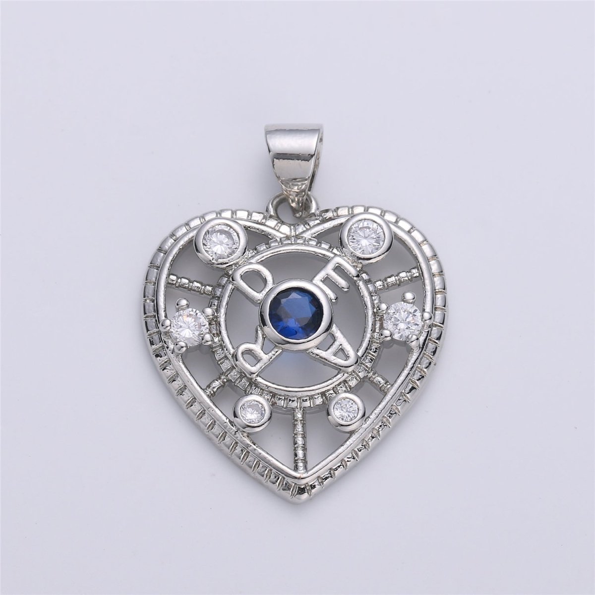 Silver Heart Charm, Micro Pave Pendant, Sapphire blue CZ Love Jewelry Supply - DLUXCA