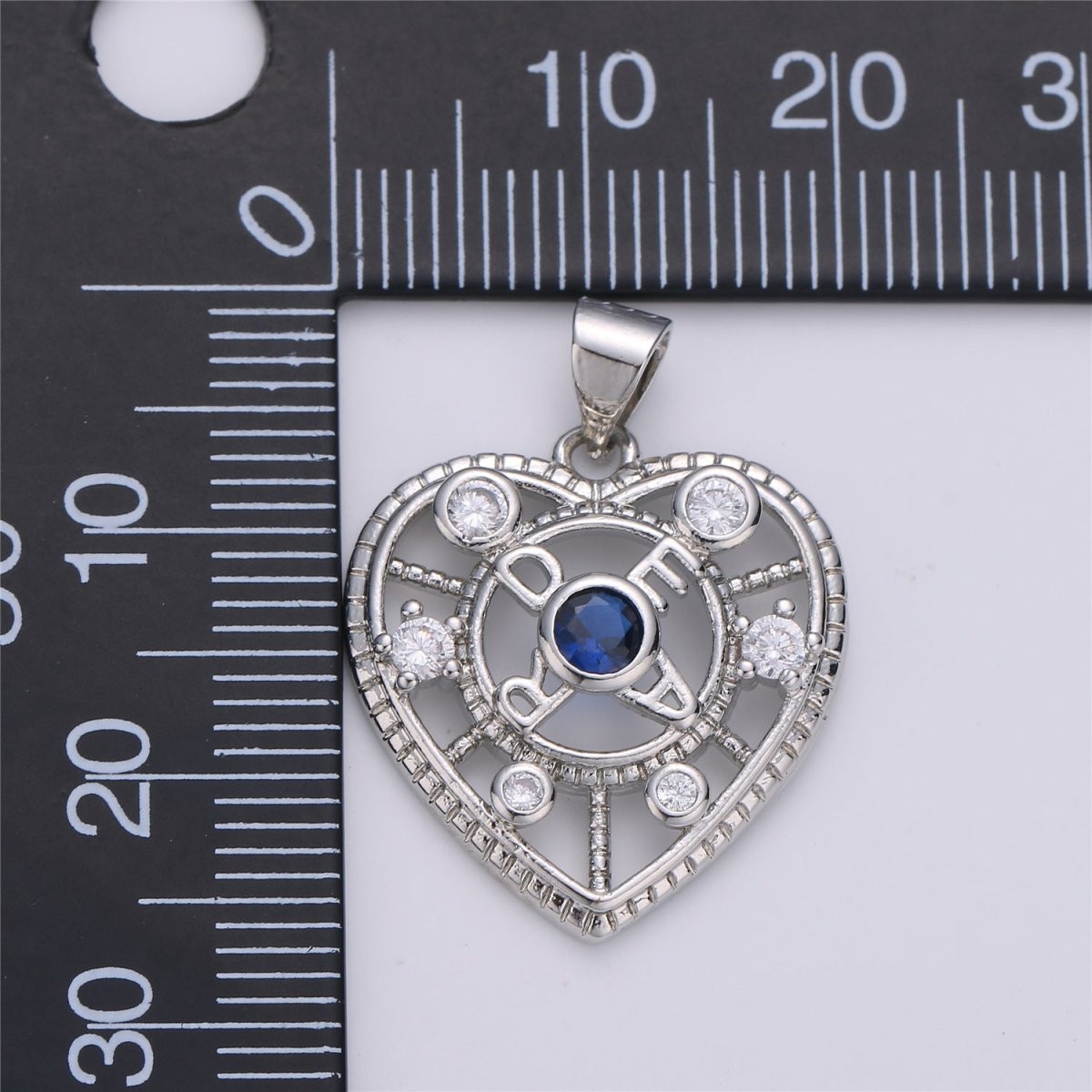 Silver Heart Charm, Micro Pave Pendant, Sapphire blue CZ Love Jewelry Supply - DLUXCA