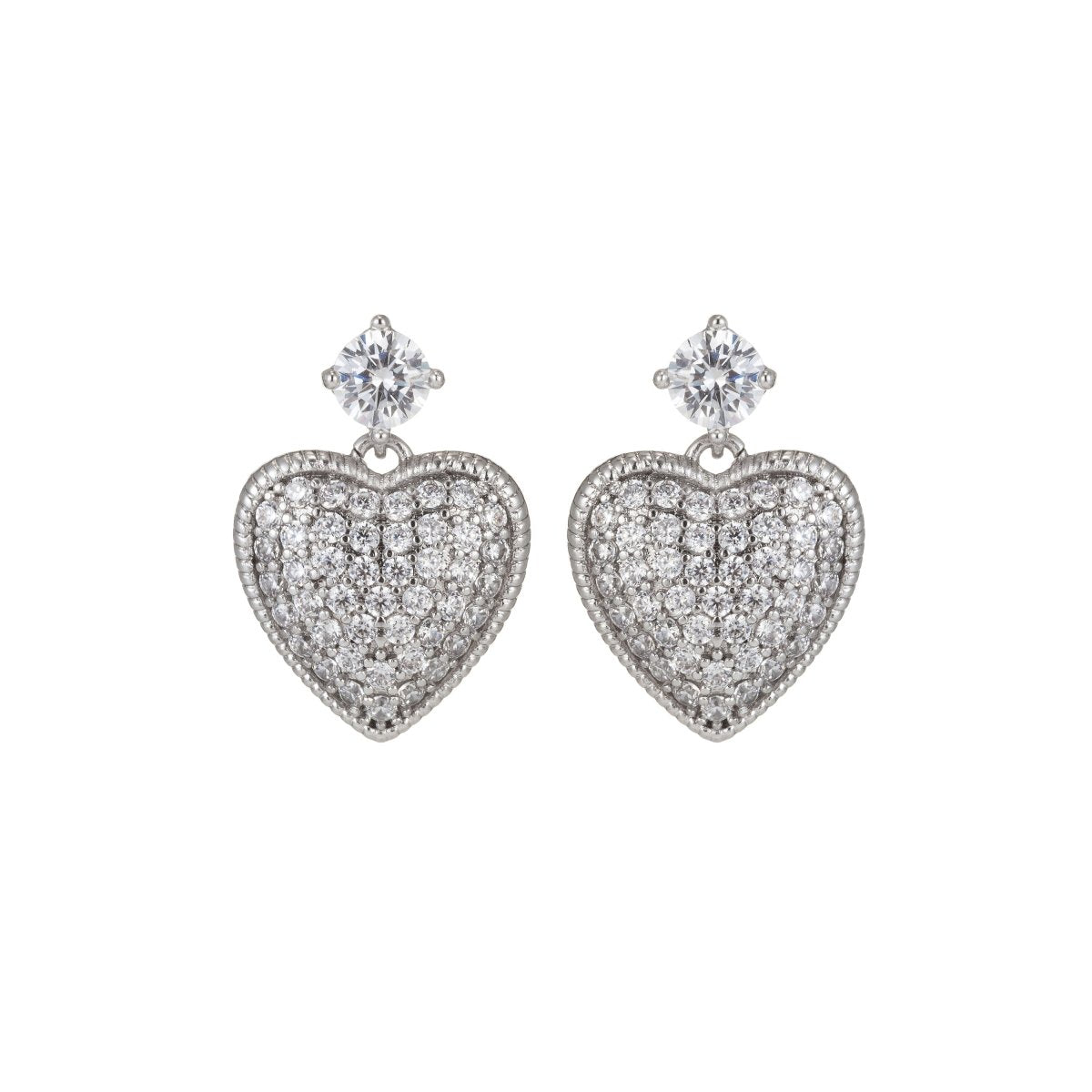 Silver Heart Stud Earrings, CZ Micro Pave Stud Earrings, Stud Earrings, Cubic Zirconia Dangle Earrings for Gift Q-023 - DLUXCA